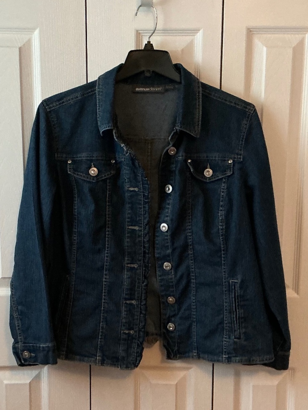 Denim Jacket with ruffle front and diamond buttons